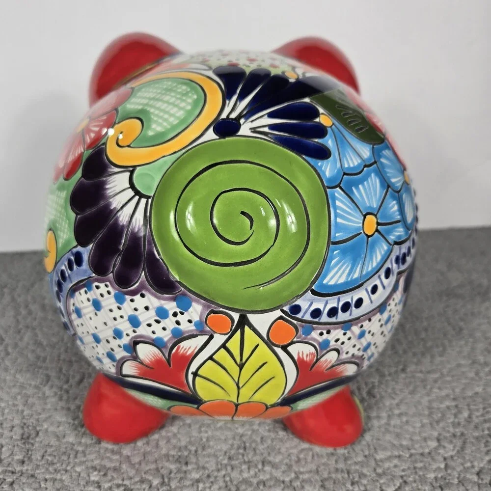 Talavera Piggy Bank Mexican Pottery Art Hand Painted 9.5 x 7.5 X 8 In